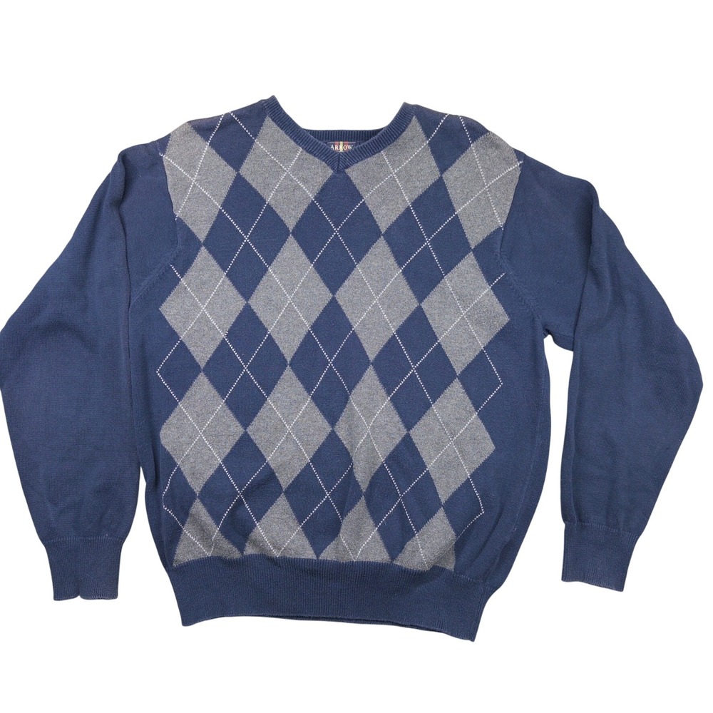 Arrow Argyle Sweater Mens Medium Blue Grey V-Neck Long Sleeve Preppy Academia